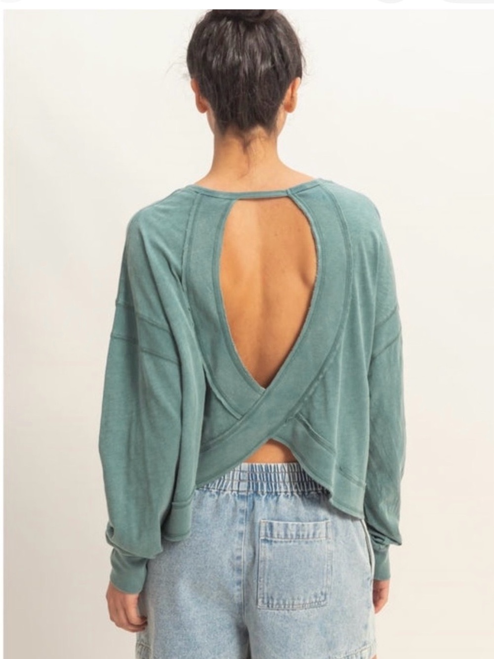 Sundry Open-Back Slub Cotton Long Sleeve Top  in Chocolate Brown NWT